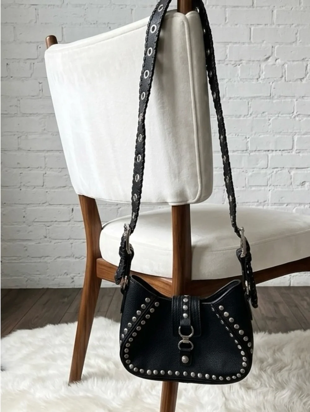 Urban Outfitters Black Studded Leather Shoulder Bag with Grommet Strap